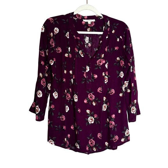 Fun2fun 3/4 Sleeve Split Neck Purple Floral Rayon Top NWOT Size Small - Picture 2 of 8